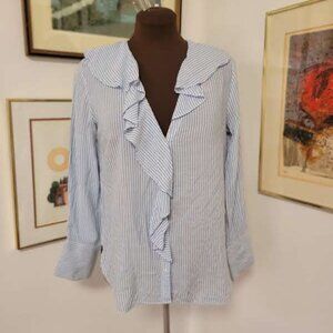 Zara Pale Blue Striped ruffled V-Neck Blouse